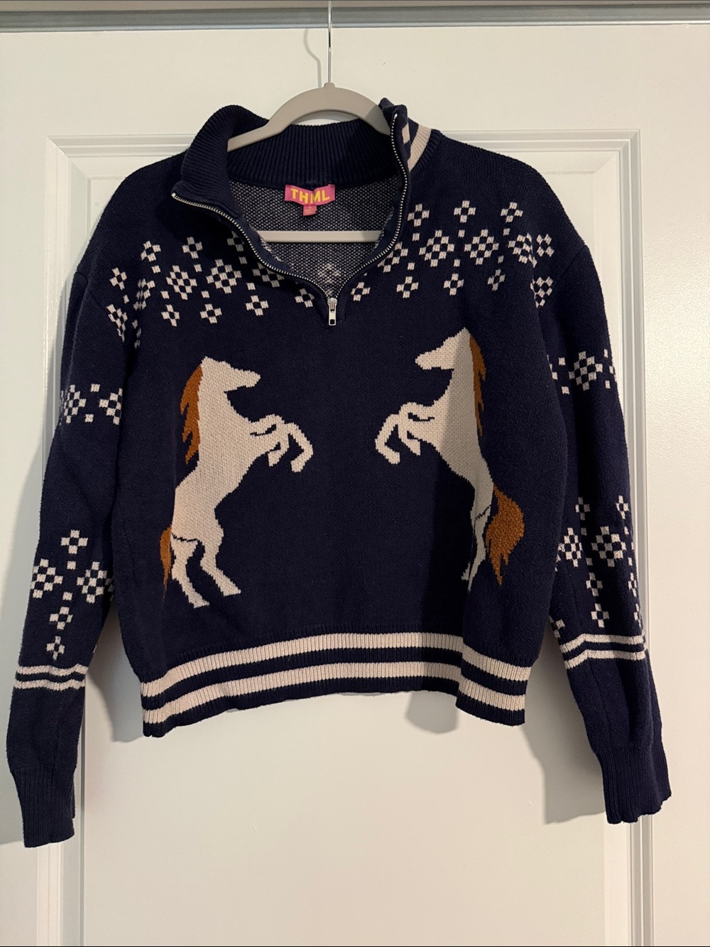 THML Navy Horse Intarsia Half-Zip Cowl Sweater - Picture 2 of 7